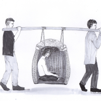 A-Kun being carried in a woven basket